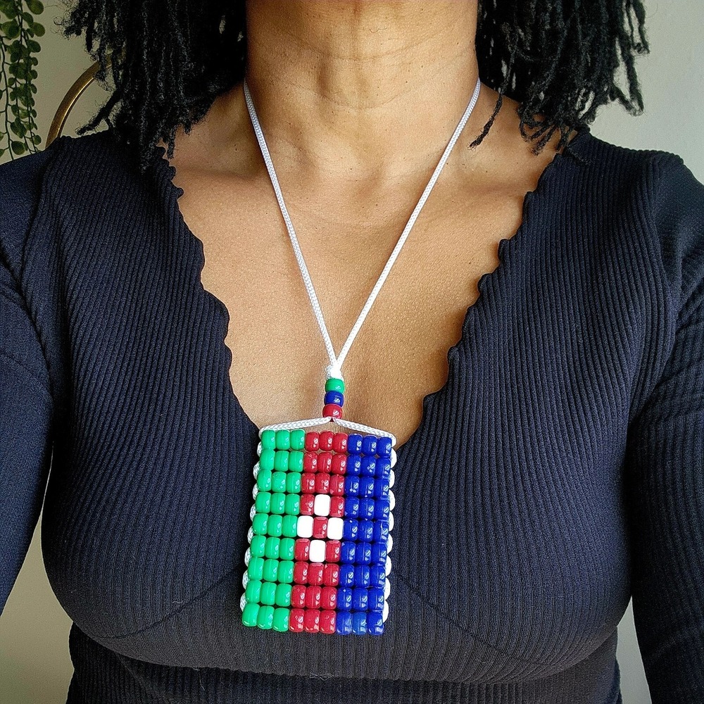 Azerbaijan‎ Flag Car Mirror Danglers/Necklace. Mini Beaded Flag 2.5" x 3".